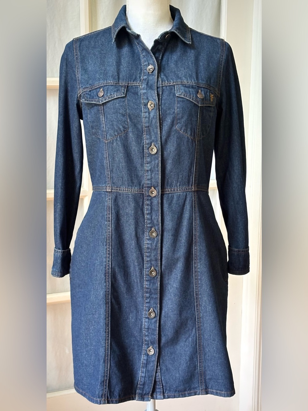Frye Denim Shirt Dress XS Dark Wash Button Front 100% Cotton Long Sleeve